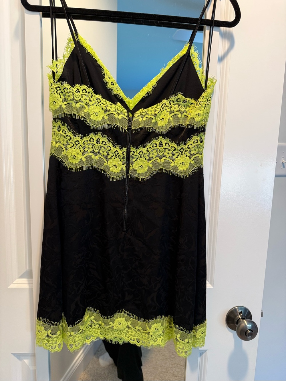 Alice + Olivia Zaira Lace Trim Mini Dress – Black / Lime Punch - Picture 7 of 8